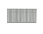 A row of silver metal finishing nails, neatly aligned and connected in a strip for use in a nail gun, against a white background.
