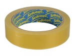 A roll of transparent Sellotape with a yellow tint and blue inner core, displaying the Sellotape logo repeatedly on the inside.