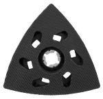A black, triangular sanding pad with a textured surface and five openings around a circular mounting hole in the center, designed for use with a power tool.