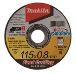 A Makita 115x0.8mm fast-cutting metal cutting disc for cordless tools, showing product details, safety icons, and specifications printed on a black, yellow, and red label.