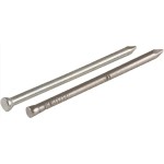 Two metal masonry nails are shown side by side on a white background; both have flat heads and pointed tips, with one nail featuring ridges near its head for grip.