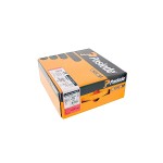 A sealed orange and black Paslode-branded box, likely containing nails or fasteners, with a white product label and barcode on the side.