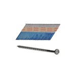 A strip of collated nails with blue tips, held together by paper tape, and a single loose nail displayed below the strip on a white background.