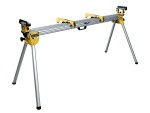 A silver and yellow metal miter saw stand with four foldable legs and adjustable mounts, designed to support woodworking tools.