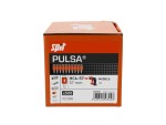 Orange and white box labeled SPIT PULSA containing 57mm nails, compatible with model 65. The box features product images, specifications, and a barcode on the front panel.