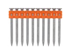 Ten metal nails are arranged in a row, held together by an orange plastic strip near the top, with pointed tips facing downward against a white background.