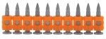 A row of ten metal fasteners with pointed tips, each held in place by orange plastic collars, arranged in a straight line side by side.