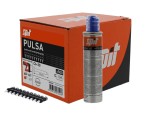 A red and black Spit Pulsa C6-20 box with nails, a gray and blue gas canister, and a strip of black fasteners displayed in front.