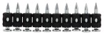 A row of ten metal nails with black plastic collars and pointed tips, aligned upright side by side on a white background.