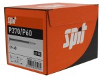 A red and black box labeled Spit P370/P60 contains 100 C9-60 nails, each 60 mm long. The box displays product information, a nail illustration, and a barcode.