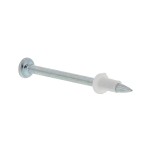 A single metal fastener nail with a flat head and pointed tip, featuring a white plastic washer near the tip, isolated on a white background.