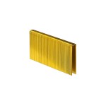 A stack of gold-colored metal staples is shown standing upright against a white background.,