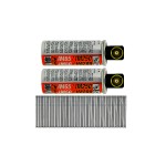 Two red and silver fuel gas canisters labeled IM65/IM250 and IM50/IM200 are placed above several rows of metal nails arranged neatly in parallel.,
