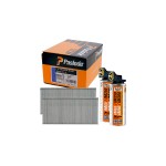 A box of Paslode F16 straight brads, two orange Paslode gas fuel cells, and a stack of silver brad nails arranged in front of the box.