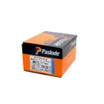 A box of Paslode 16-gauge angled brads, 45mm size, with orange, black, and blue packaging. The label indicates the box contains 2,000 nails.