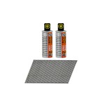 Two cans of fuel cells with orange labels stand upright behind a spread of metal nails arranged in a grid pattern. The items are isolated on a white background.,