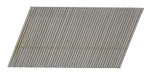 A strip of collated stainless steel framing nails with angled tips, connected in a paper or plastic tape strip for use in a nail gun.