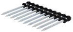 A row of nine silver metal nails connected by a black plastic strip, aligned in parallel with pointed tips facing forward.