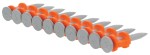 A row of ten silver nails connected by orange plastic strips, arranged diagonally on a white background.