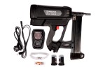 A None cordless nail gun with a magazine feed and safety tip, for driving nails quickly in timber framing and carpentry.