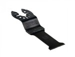 A black DeWalt oscillating multi-tool blade attachment with a serrated edge, angled head, and multiple mounting holes, designed for cutting or scraping tasks.