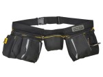 A black Stanley tool belt with multiple pouches and pockets, reinforced with yellow accents and reflective strips, designed for holding tools and accessories.