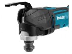 A teal and black Makita cordless multi-tool with 18V oscillating action and a universal blade mount, for sanding, cutting, and scraping.