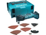 A teal and black Makita cordless multi-tool with 18V oscillating action and a universal blade mount, for sanding, cutting, and scraping.