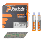 Box of Paslode SERIES-i nails, two gas fuel cells, and a strip of nails displayed separately. The packaging is black and orange with product details and branding visible.