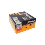 A box of Paslode Series-i nails, featuring black, orange, and white branding, with product information and barcodes visible on the side.