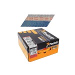 A box of Paslode 33-degree framing nails with a strip of nails displayed above the box. The box is black and orange with product labels and branding visible.,