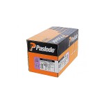 A rectangular orange and black box labeled Paslode, displaying product information and barcodes. The box is closed and positioned on a white background.