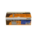 A strip of collated galvanised framing nails with angled tips, connected in a paper or plastic tape strip for use in a nail gun.