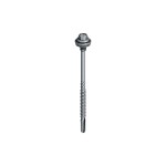 A single metal self-drilling screw with a hexagonal head, attached washer, and fluted drill tip, isolated on a white background.