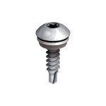 A silver metal screw with a domed head, star-shaped drive, and a threaded body ending in a self-drilling tip, shown on a white background.
