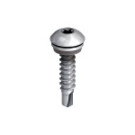 A silver, round-headed screw with a hexagonal socket and a threaded shaft, ending in a chiseled, self-drilling tip, displayed on a white background.