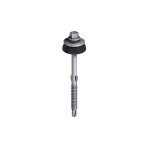A close-up illustration of a metal hex head self-drilling screw with a washer and black rubber gasket, commonly used for fastening metal roofing. The screw has threaded and smooth sections.