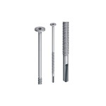 Three metallic orthopedic screws are displayed vertically against a white background. The screws have long shafts, flat heads, and threads at the lower ends, with one screw shown in cross-section to reveal its internal structure.