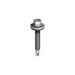A single metal self-drilling screw with a hexagonal head, attached washer, and pointed tip, isolated on a white background.