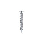 A single silver metal screw with a flat head and a drill bit tip, shown against a plain white background.