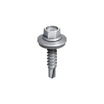 A silver hex washer head self-drilling screw with a built-in washer, shown on a white background. The screw has a sharp, drill-like tip and threads along the shaft.