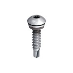 A close-up of a silver metal screw with a rounded head, a star-shaped drive, and a threaded shaft ending in a drill tip, isolated on a white background.