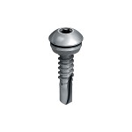 A close-up image of a metallic screw with a round head, a hex socket drive, and a partially threaded shaft featuring a self-drilling tip. The screw is isolated on a white background.