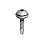 A close-up of a single metal screw with a round, shiny head and a star-shaped drive, featuring a washer and a threaded body with a drill-point tip, isolated on a white background.