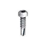 A stainless steel self-drilling screw with a sharp drill-point tip and spiral threads along the shaft, suitable for fixing into steel framing.