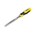 A wood chisel with a yellow and black ergonomic handle and a flat steel blade, designed for woodworking tasks. The brand name Stanley is printed on the handle.
