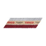 A strip of collated nails with red tips held together by a branded cardboard strip labeled TIMCO FirmaHold Collated Nails.,