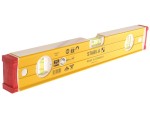 A yellow Stabila spirit level with red protective end caps, three bubble vials, and measurement markings, used for checking horizontal and vertical alignment.