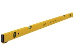 A yellow spirit level with three bubble vials, one at each end and one in the center, used for checking horizontal and vertical alignment.
