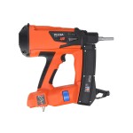 An orange and black Spit cordless nail gun with a magazine feed and safety tip, for driving nails quickly in timber framing and carpentry.